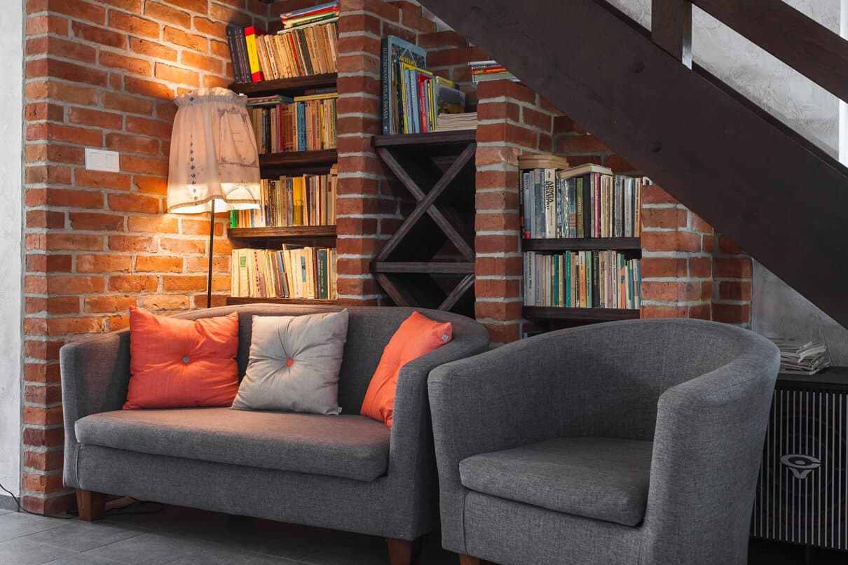 Apartment Interior Bookcases and Sofa